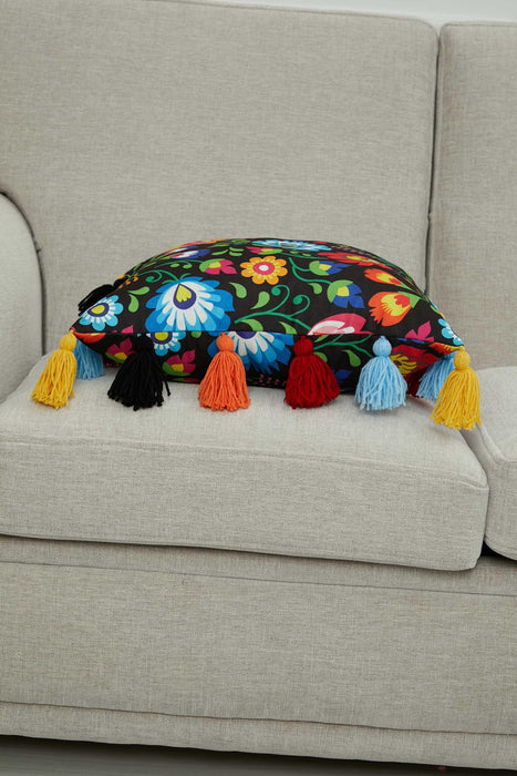 Carnival Themed Cushion Cover with Plenty of Colourful Tassels, 18x18 Inches Printed Floral Pillow Cover Tasseled Design,K-277