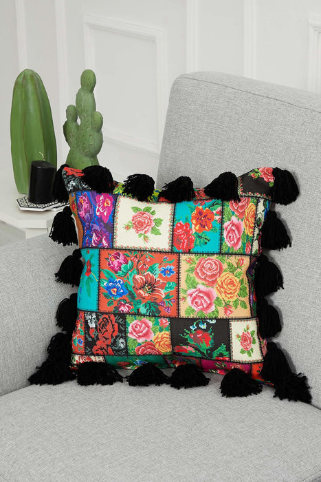 Kissenbezug mit Karnevalsmotiv und vielen bunten Quasten, 18 x 18 Zoll, bedruckter Kissenbezug mit Blumenmuster und Quastendesign, K-277