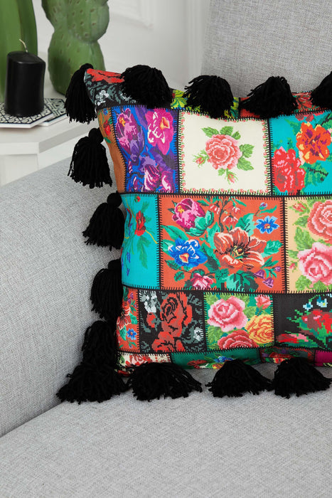 Kissenbezug mit Karnevalsmotiv und vielen bunten Quasten, 18 x 18 Zoll, bedruckter Kissenbezug mit Blumenmuster und Quastendesign, K-277