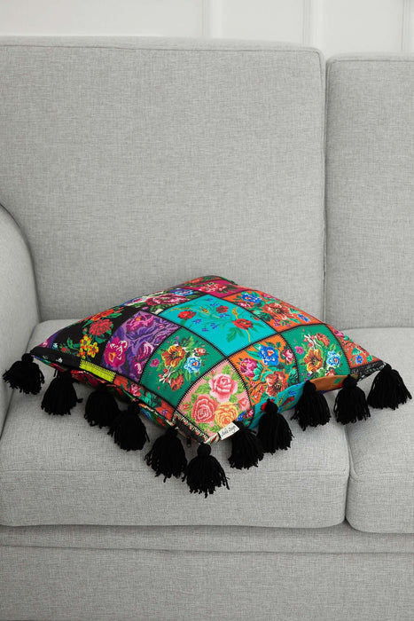 Kissenbezug mit Karnevalsmotiv und vielen bunten Quasten, 18 x 18 Zoll, bedruckter Kissenbezug mit Blumenmuster und Quastendesign, K-277