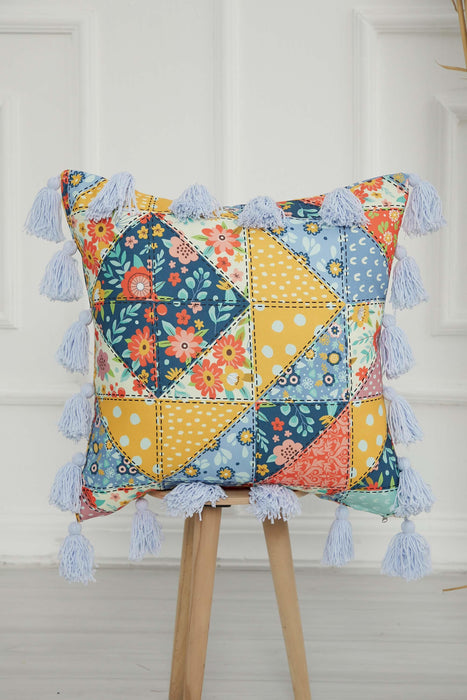 Kissenbezug mit Karnevalsmotiv und vielen bunten Quasten, 18 x 18 Zoll, bedruckter Kissenbezug mit Blumenmuster und Quastendesign, K-277