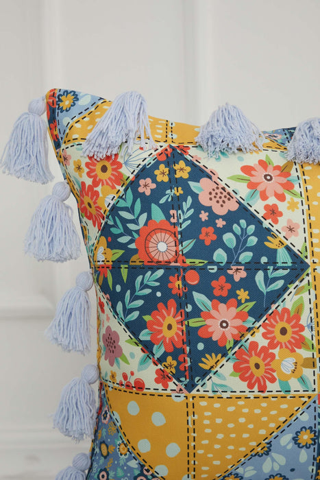 Carnival Themed Cushion Cover with Plenty of Colourful Tassels, 18x18 Inches Printed Floral Pillow Cover Tasseled Design,K-277