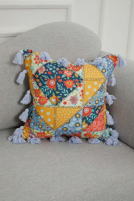 Kissenbezug mit Karnevalsmotiv und vielen bunten Quasten, 18 x 18 Zoll, bedruckter Kissenbezug mit Blumenmuster und Quastendesign, K-277