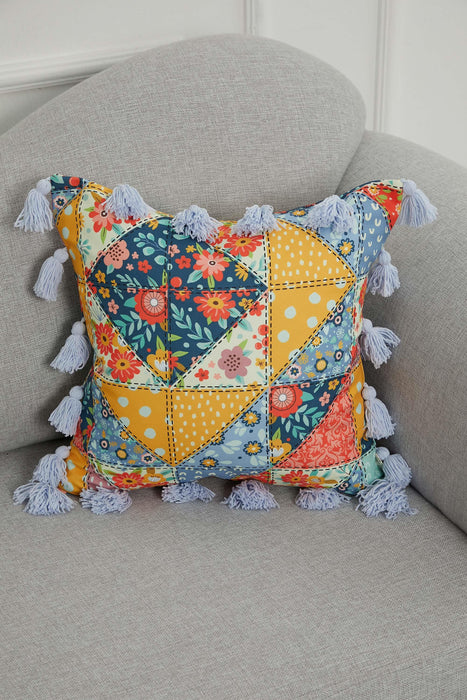 Kissenbezug mit Karnevalsmotiv und vielen bunten Quasten, 18 x 18 Zoll, bedruckter Kissenbezug mit Blumenmuster und Quastendesign, K-277