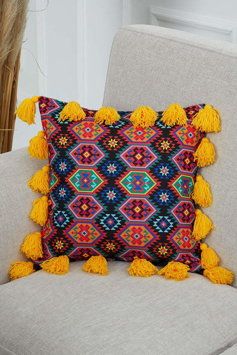 Kissenbezug mit Karnevalsmotiv und vielen bunten Quasten, 18 x 18 Zoll, bedruckter Kissenbezug mit Blumenmuster und Quastendesign, K-277