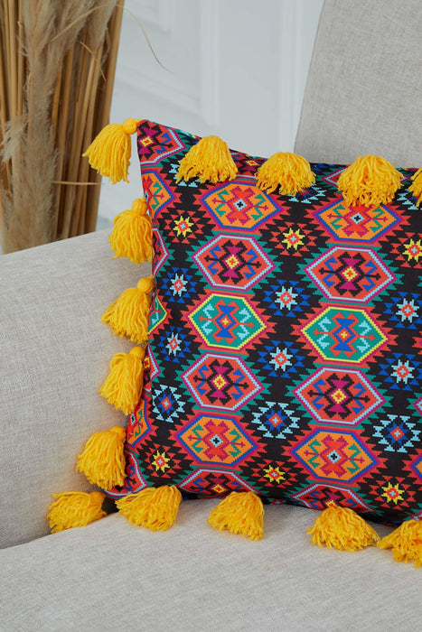 Kissenbezug mit Karnevalsmotiv und vielen bunten Quasten, 18 x 18 Zoll, bedruckter Kissenbezug mit Blumenmuster und Quastendesign, K-277