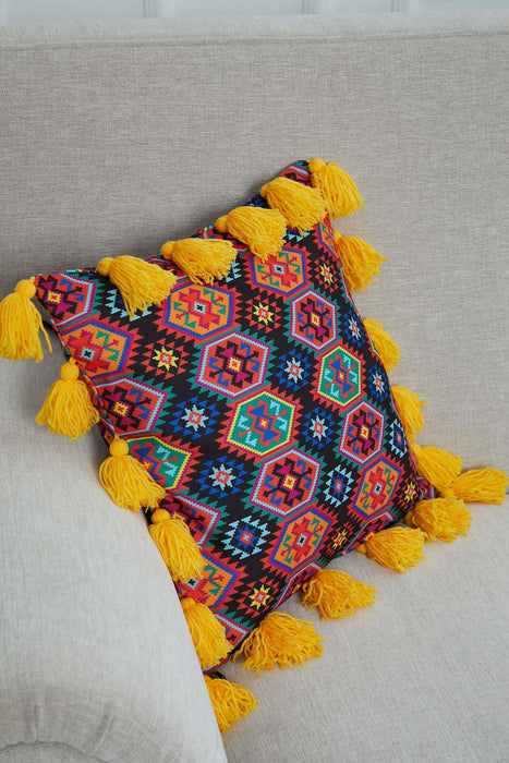 Kissenbezug mit Karnevalsmotiv und vielen bunten Quasten, 18 x 18 Zoll, bedruckter Kissenbezug mit Blumenmuster und Quastendesign, K-277