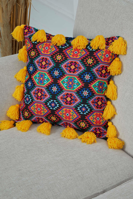 Kissenbezug mit Karnevalsmotiv und vielen bunten Quasten, 18 x 18 Zoll, bedruckter Kissenbezug mit Blumenmuster und Quastendesign, K-277