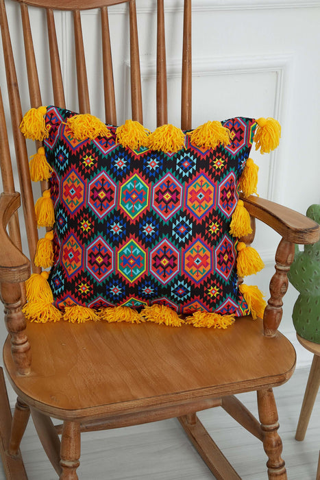 Kissenbezug mit Karnevalsmotiv und vielen bunten Quasten, 18 x 18 Zoll, bedruckter Kissenbezug mit Blumenmuster und Quastendesign, K-277