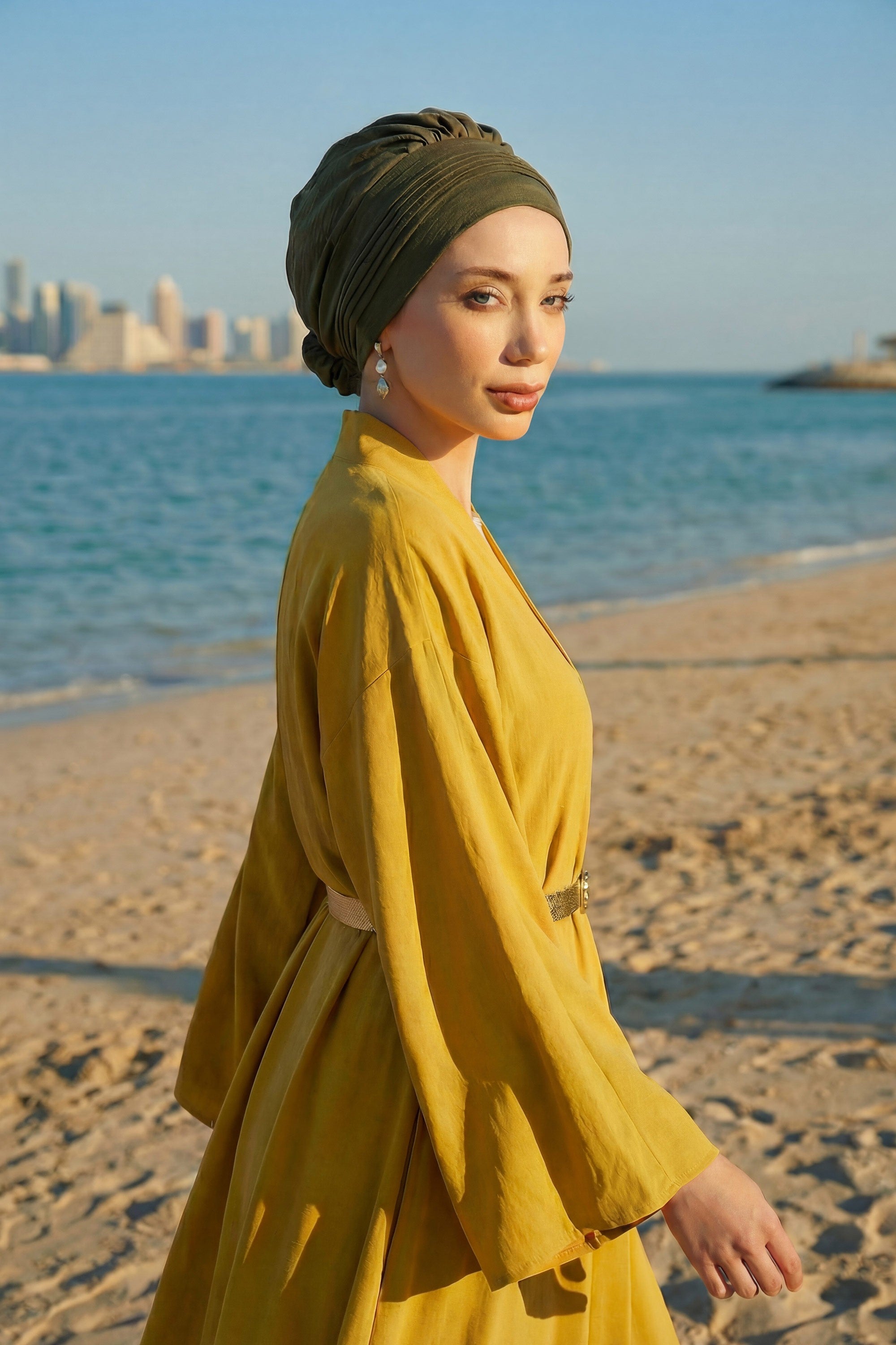 Chic Aerobin Instant Turban, Easy Wrap Breathable Head Scarf with Elegant Knot Detail, Lightweight Instant Turban For Women Headwear,HT-31A Army Green