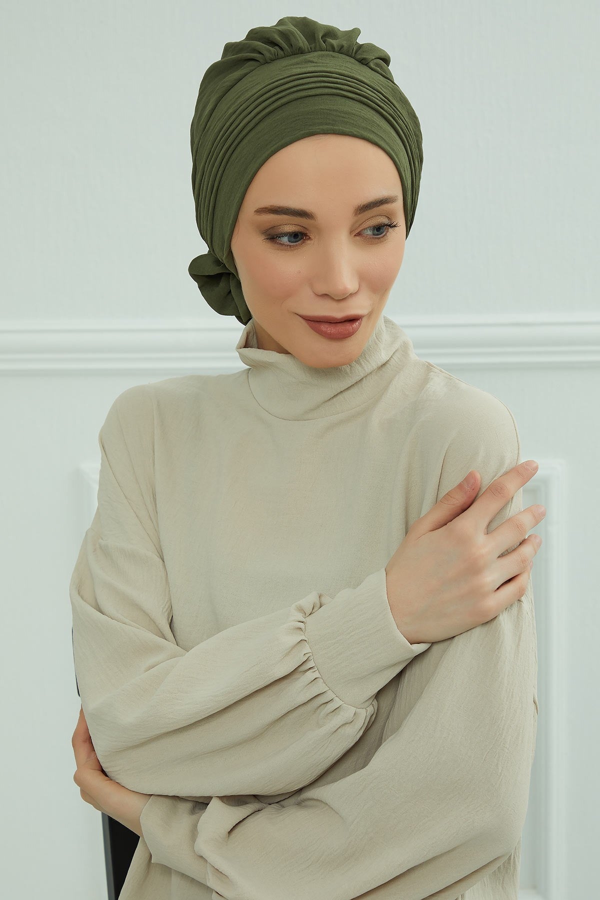 Chic Aerobin Instant Turban, Easy Wrap Breathable Head Scarf with Elegant Knot Detail, Lightweight Instant Turban For Women Headwear,HT-31A Army Green