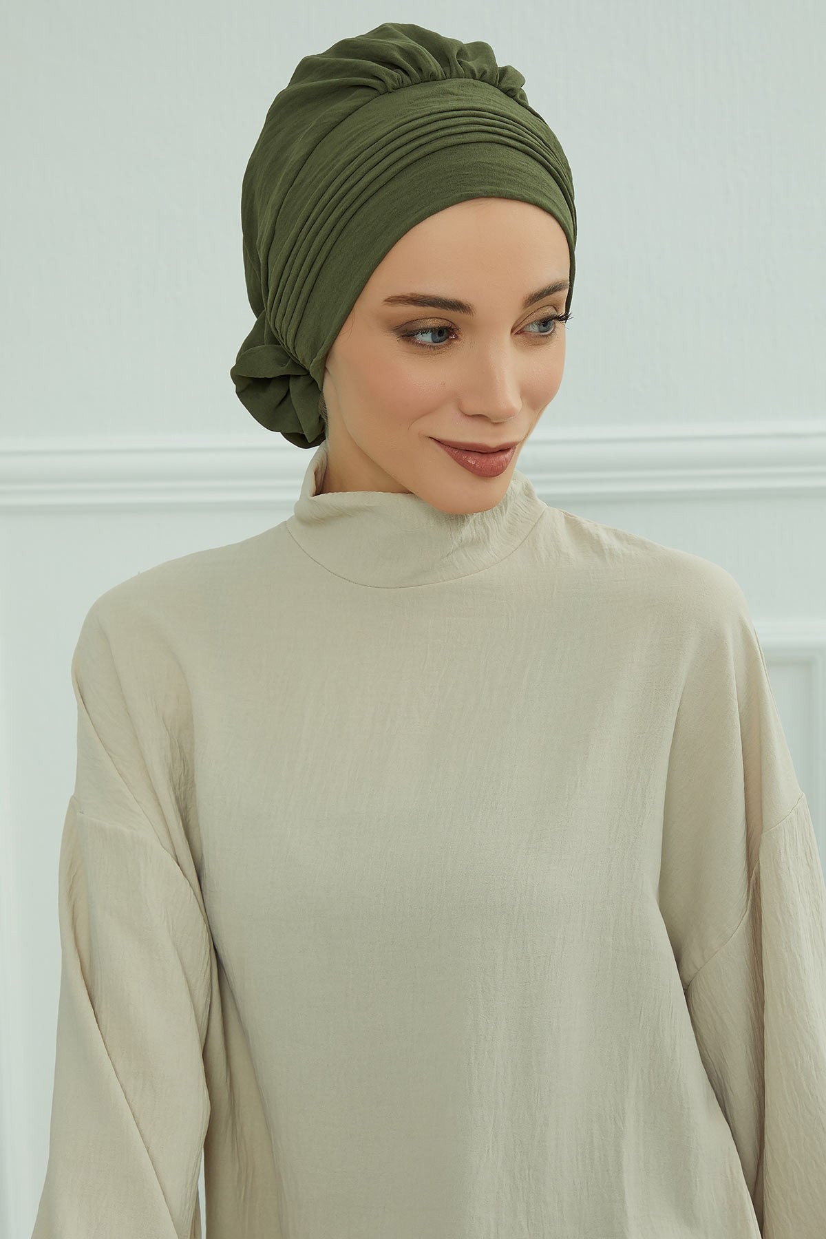 Chic Aerobin Instant Turban, Easy Wrap Breathable Head Scarf with Elegant Knot Detail, Lightweight Instant Turban For Women Headwear,HT-31A Army Green