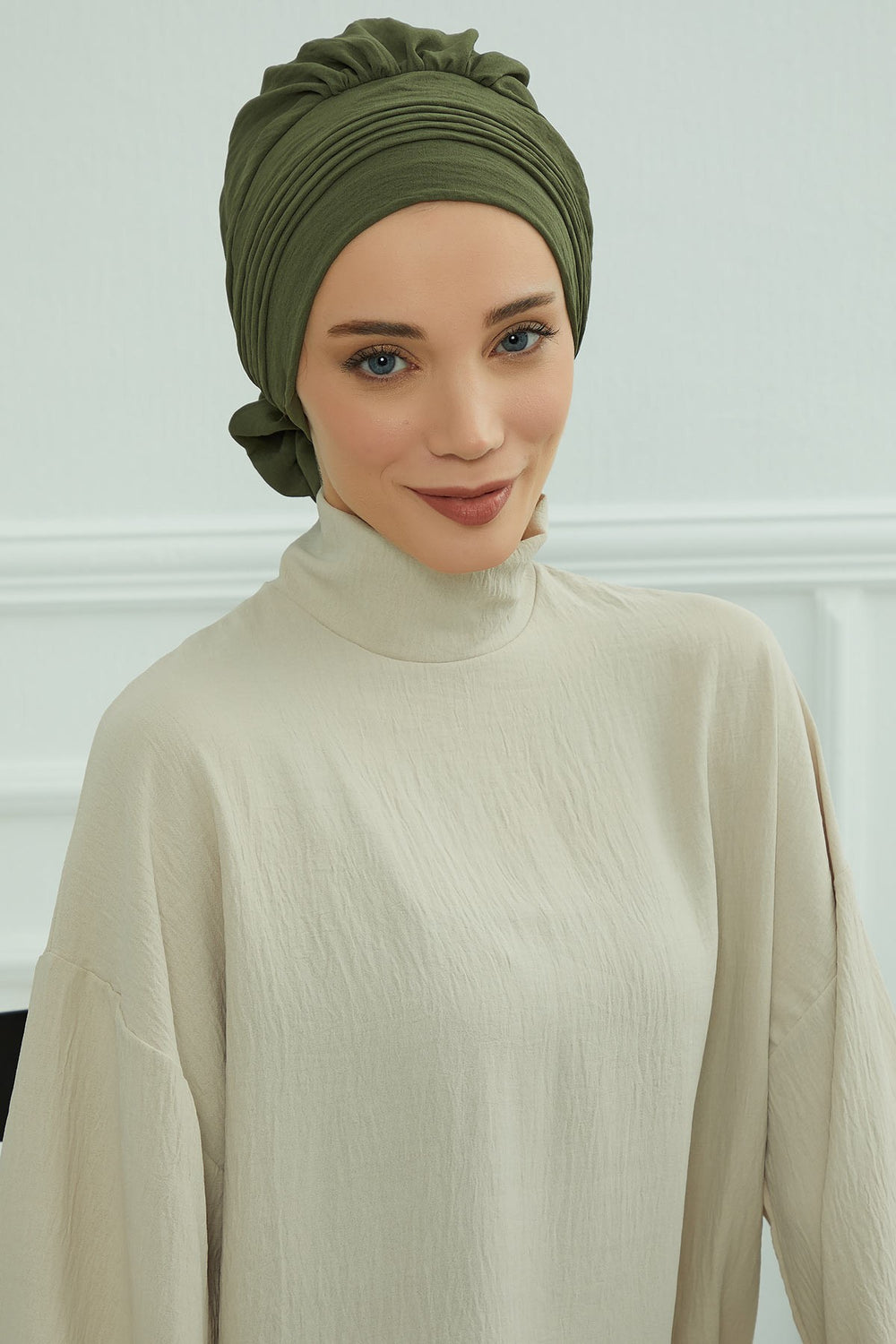 Chic Aerobin Instant Turban, Easy Wrap Breathable Head Scarf with Elegant Knot Detail, Lightweight Instant Turban For Women Headwear,HT-31A Army Green