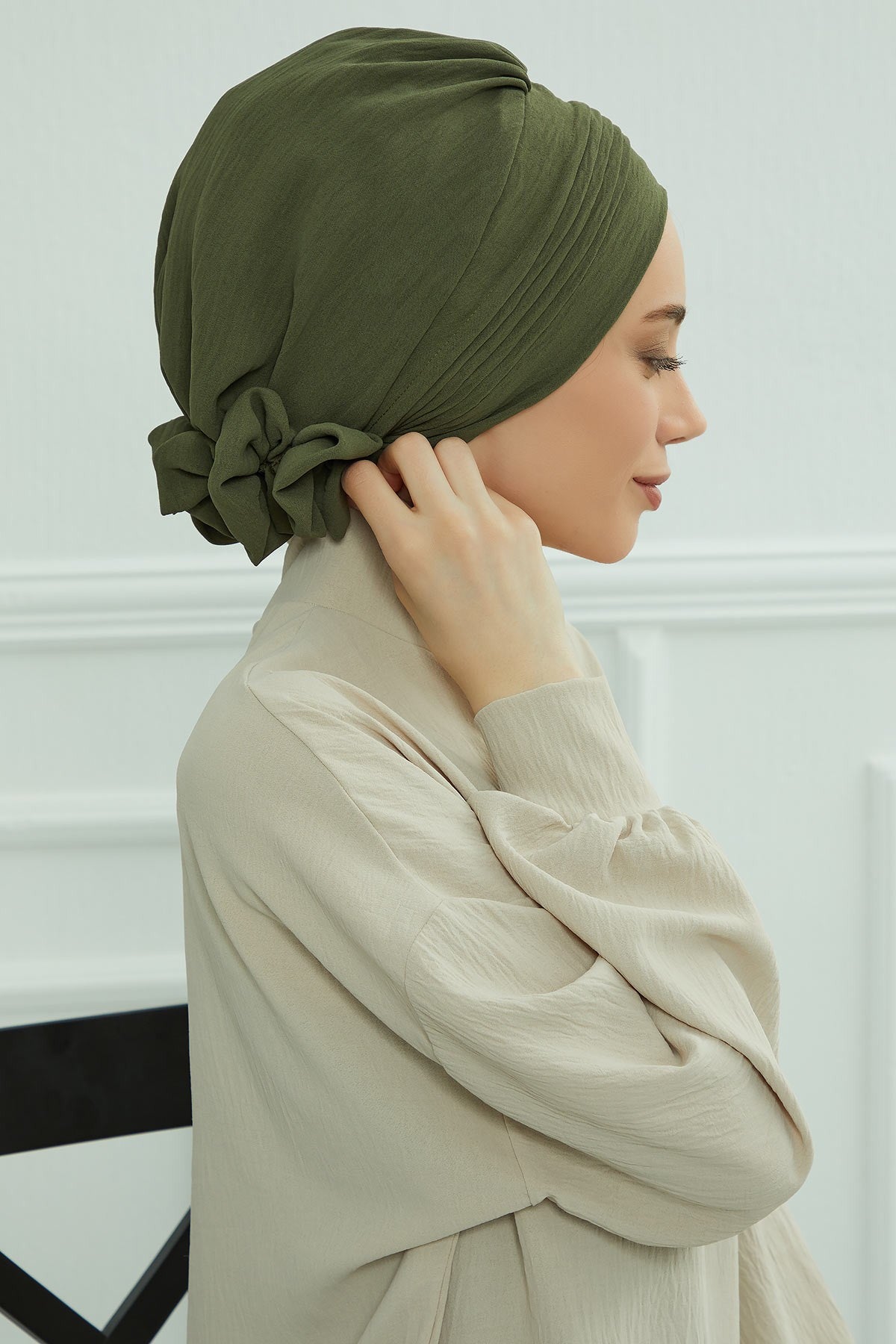 Chic Aerobin Instant Turban, Easy Wrap Breathable Head Scarf with Elegant Knot Detail, Lightweight Instant Turban For Women Headwear,HT-31A Army Green