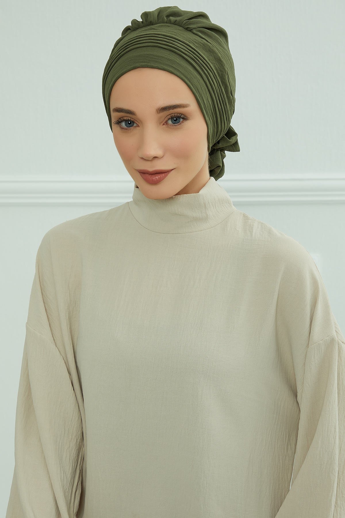 Chic Aerobin Instant Turban, Easy Wrap Breathable Head Scarf with Elegant Knot Detail, Lightweight Instant Turban For Women Headwear,HT-31A Army Green