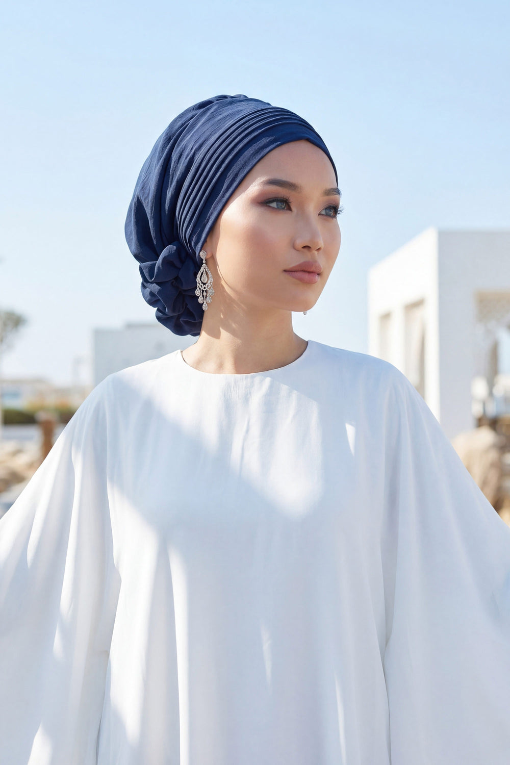 Chic Aerobin Instant Turban, Easy Wrap Breathable Head Scarf with Elegant Knot Detail, Lightweight Instant Turban For Women Headwear,HT-31A Navy Blue