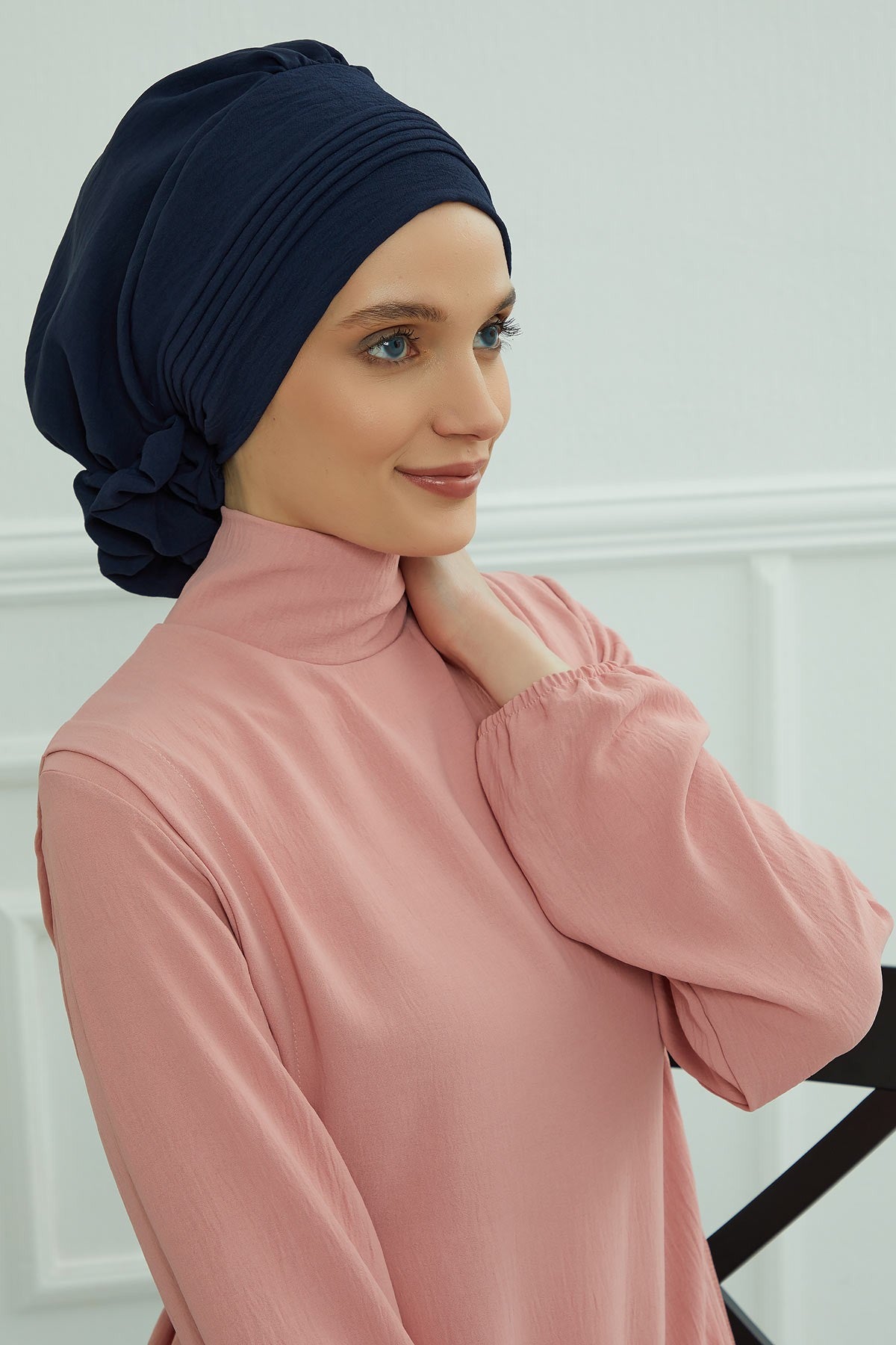 Chic Aerobin Instant Turban, Easy Wrap Breathable Head Scarf with Elegant Knot Detail, Lightweight Instant Turban For Women Headwear,HT-31A Navy Blue