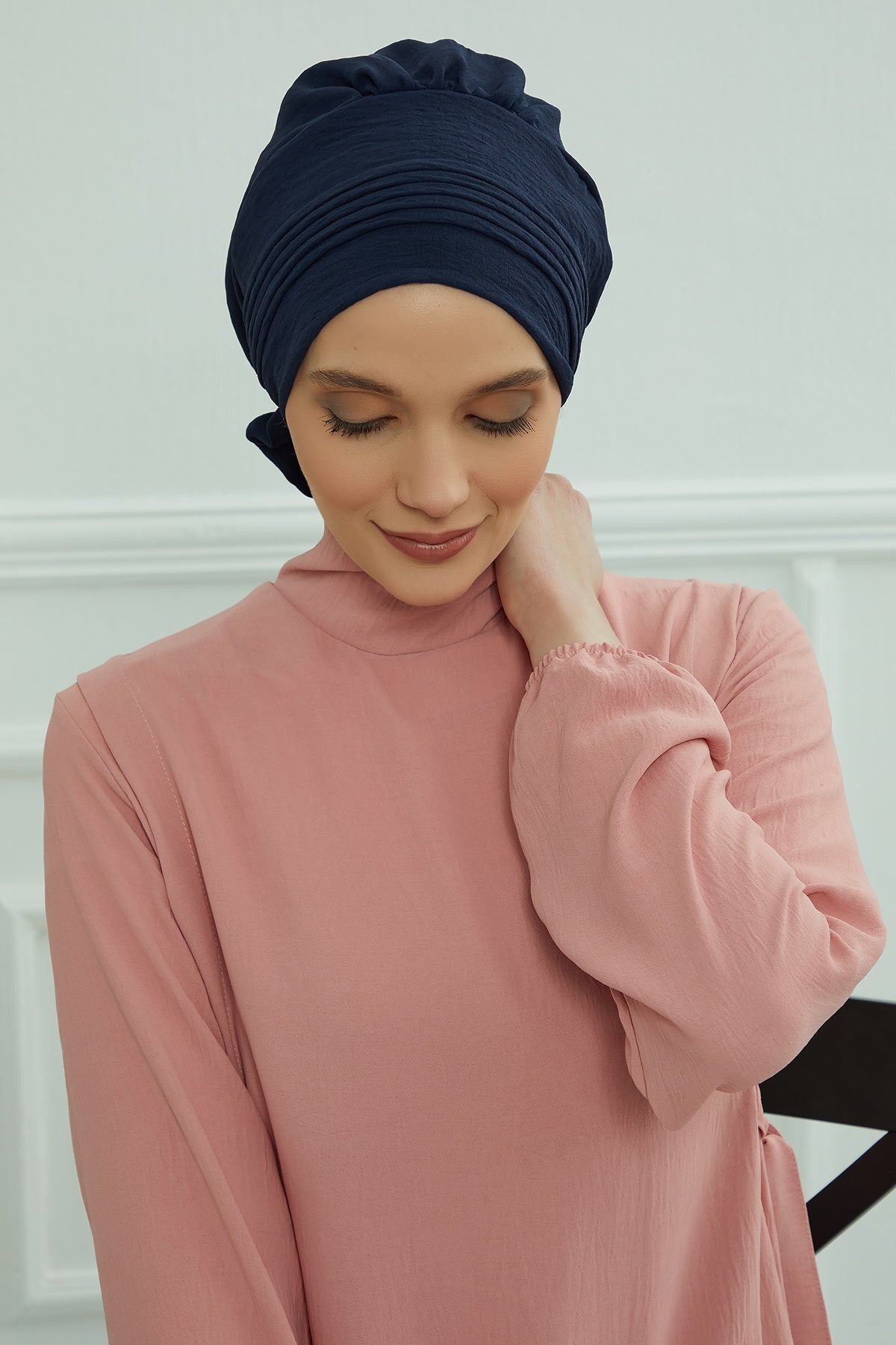 Chic Aerobin Instant Turban, Easy Wrap Breathable Head Scarf with Elegant Knot Detail, Lightweight Instant Turban For Women Headwear,HT-31A Navy Blue