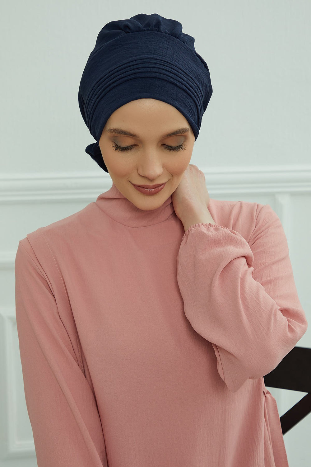 Chic Aerobin Instant Turban, Easy Wrap Breathable Head Scarf with Elegant Knot Detail, Lightweight Instant Turban For Women Headwear,HT-31A Navy Blue