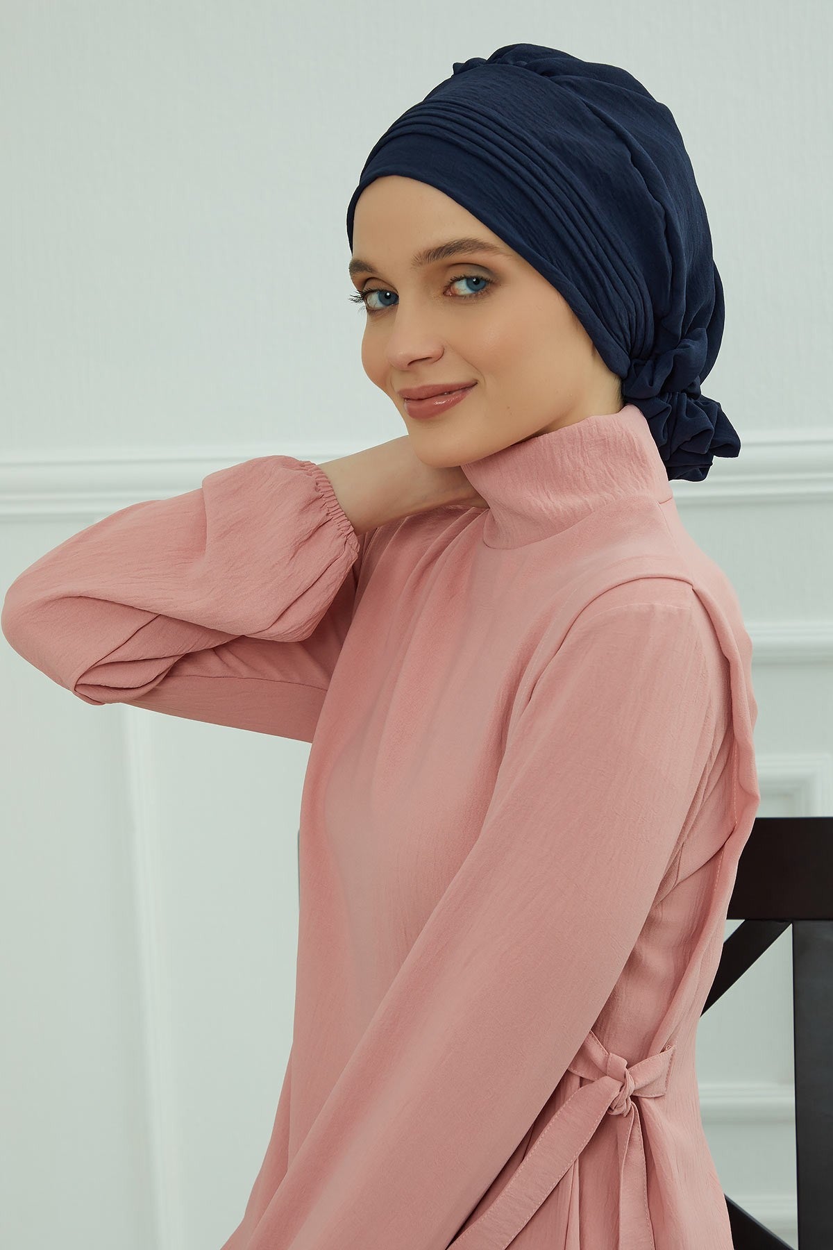 Chic Aerobin Instant Turban, Easy Wrap Breathable Head Scarf with Elegant Knot Detail, Lightweight Instant Turban For Women Headwear,HT-31A Navy Blue