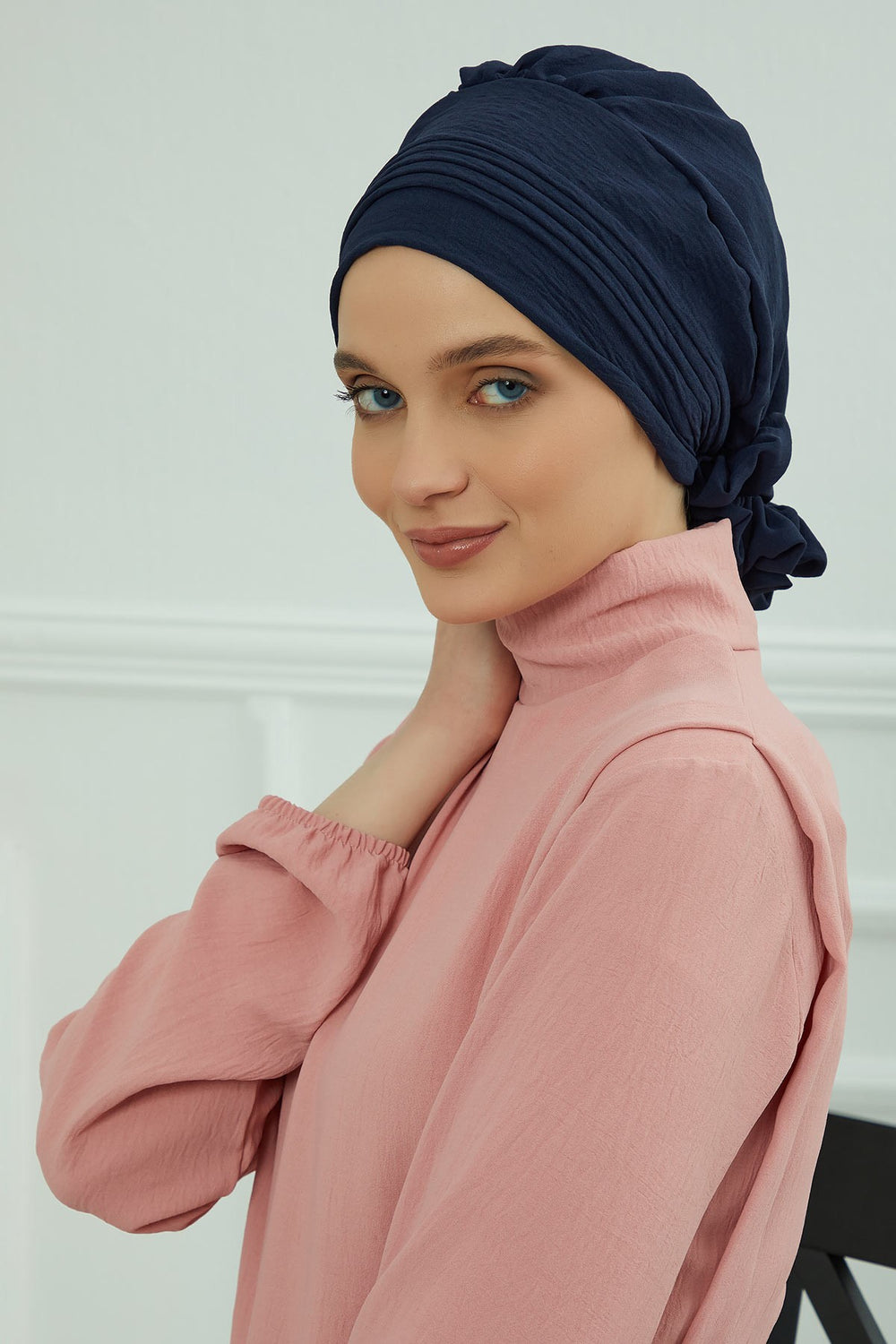 Chic Aerobin Instant Turban, Easy Wrap Breathable Head Scarf with Elegant Knot Detail, Lightweight Instant Turban For Women Headwear,HT-31A Navy Blue