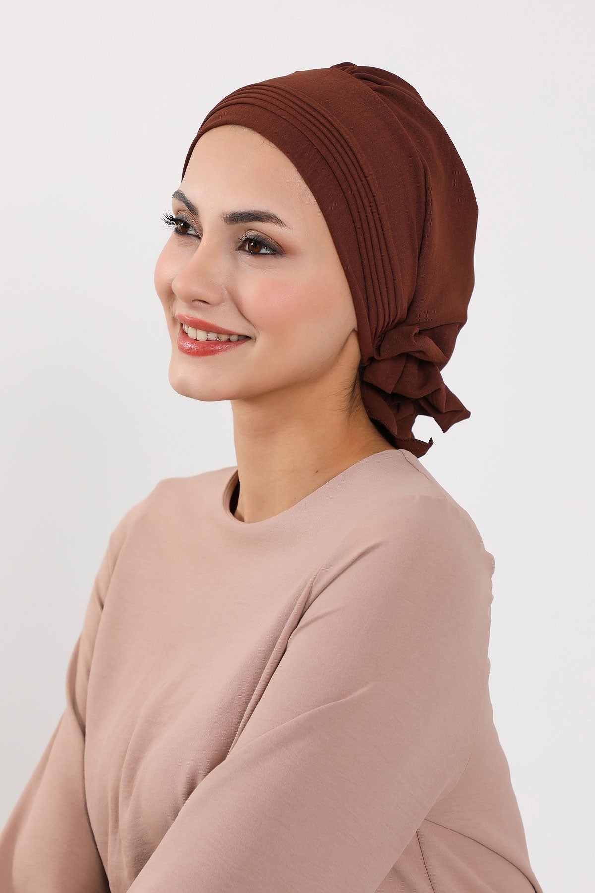 Chic Aerobin Instant Turban, Easy Wrap Breathable Head Scarf with Elegant Knot Detail, Lightweight Instant Turban For Women Headwear,HT-31A Brown