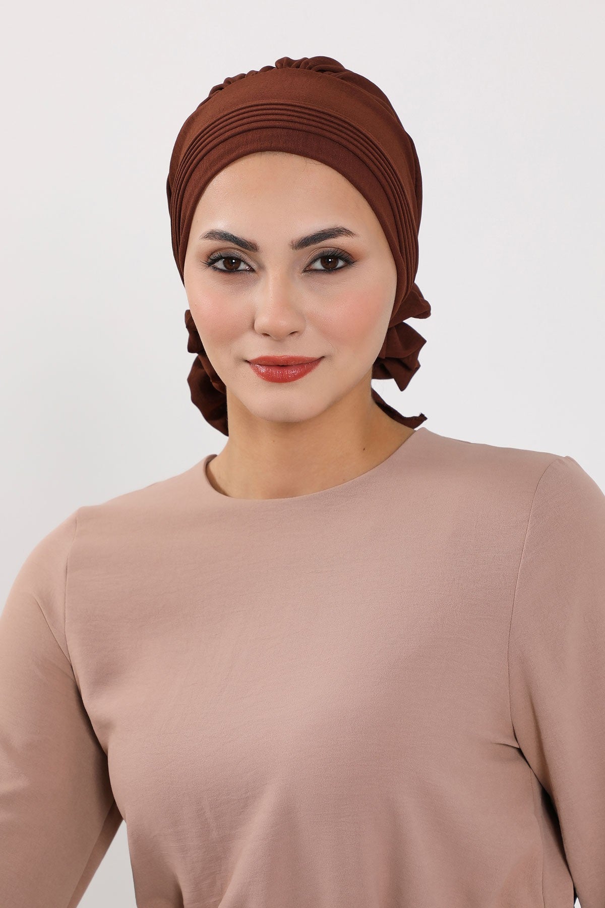 Chic Aerobin Instant Turban, Easy Wrap Breathable Head Scarf with Elegant Knot Detail, Lightweight Instant Turban For Women Headwear,HT-31A Brown