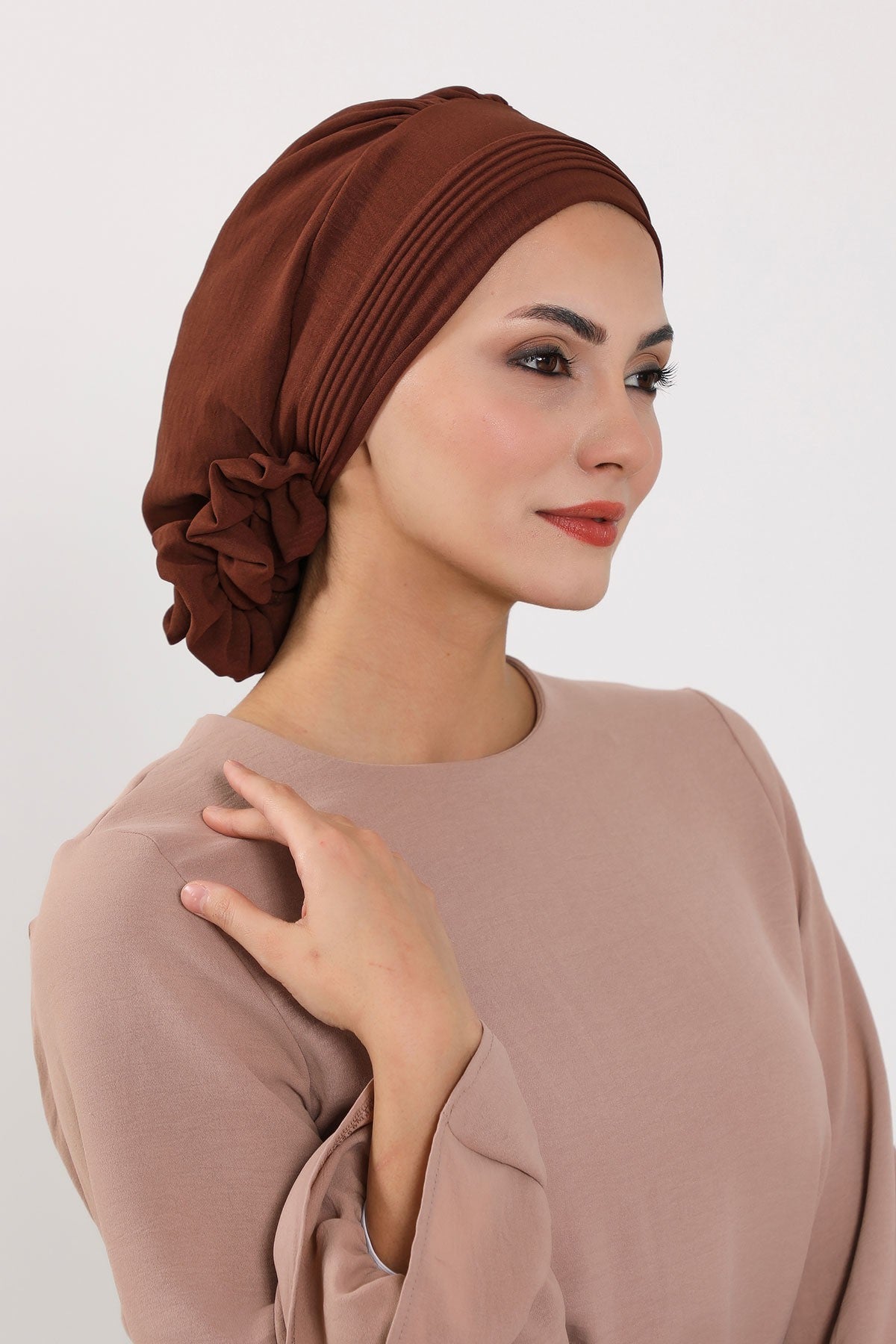 Chic Aerobin Instant Turban, Easy Wrap Breathable Head Scarf with Elegant Knot Detail, Lightweight Instant Turban For Women Headwear,HT-31A Brown