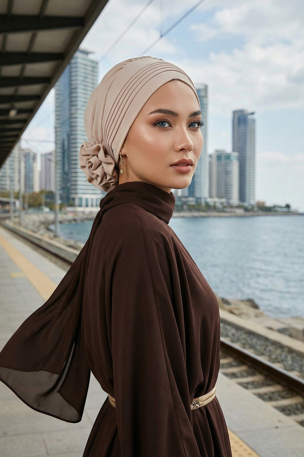 Chic Aerobin Instant Turban, Easy Wrap Breathable Head Scarf with Elegant Knot Detail, Lightweight Instant Turban For Women Headwear,HT-31A Stone