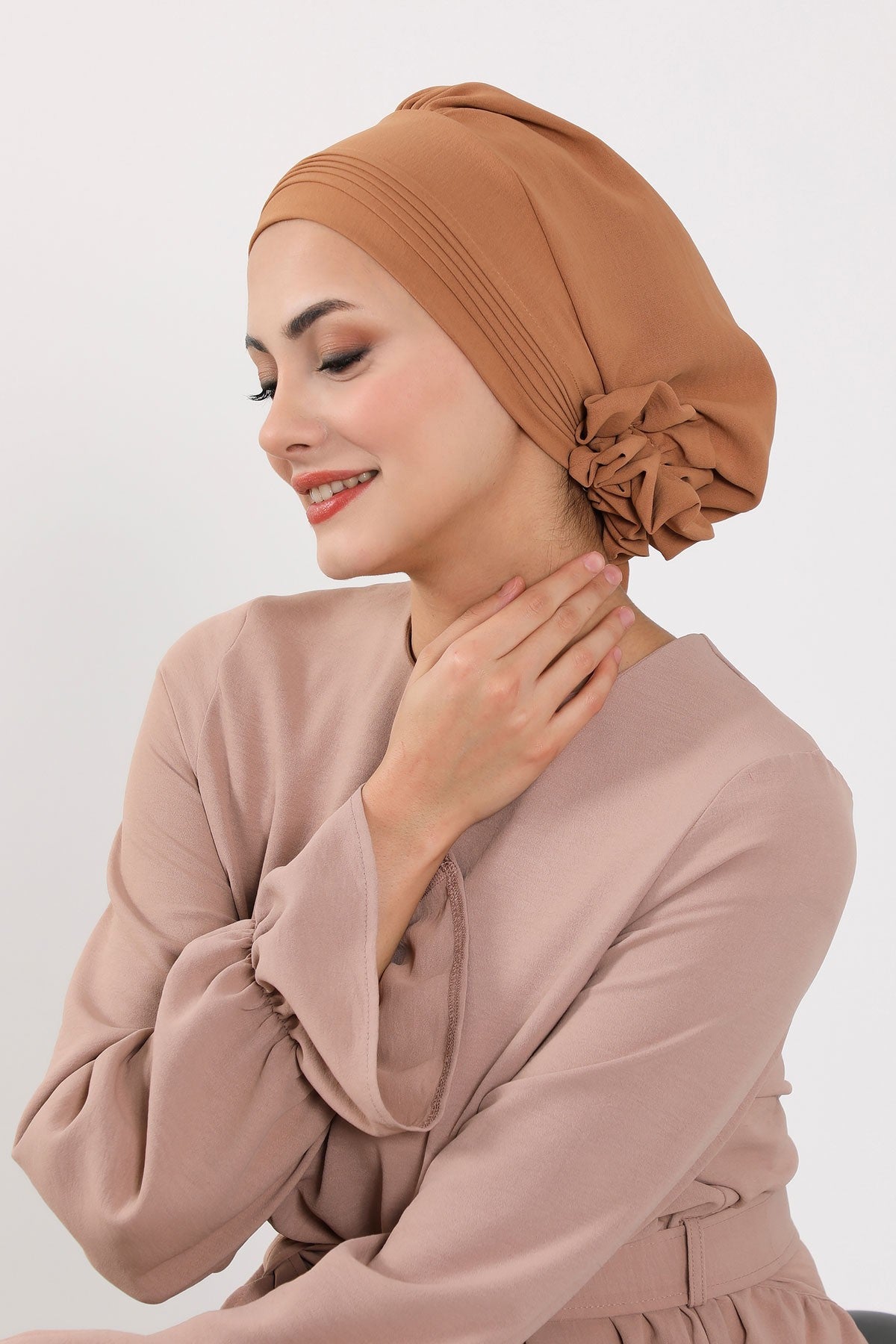 Chic Aerobin Instant Turban, Easy Wrap Breathable Head Scarf with Elegant Knot Detail, Lightweight Instant Turban For Women Headwear,HT-31A Camel