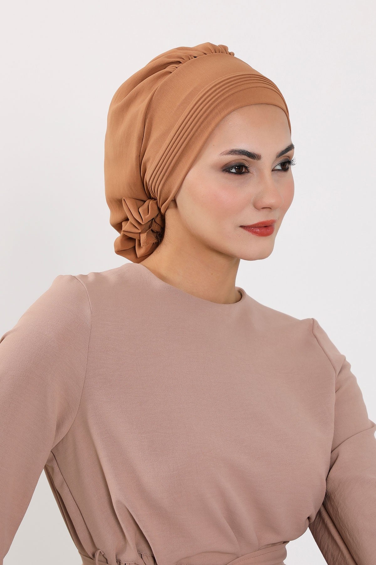 Chic Aerobin Instant Turban, Easy Wrap Breathable Head Scarf with Elegant Knot Detail, Lightweight Instant Turban For Women Headwear,HT-31A Camel