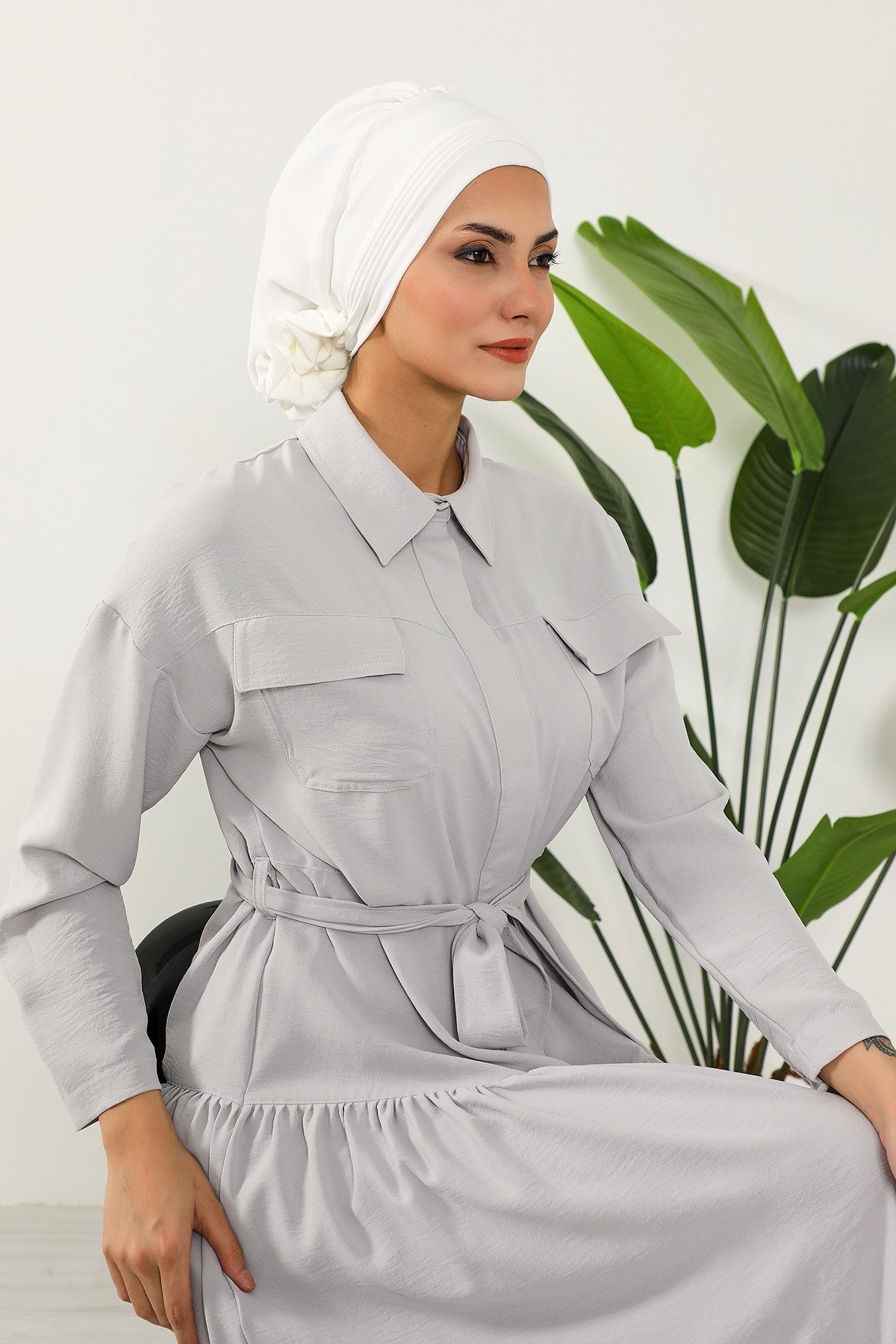 Chic Aerobin Instant Turban, Easy Wrap Breathable Head Scarf with Elegant Knot Detail, Lightweight Instant Turban For Women Headwear,HT-31A Ecru