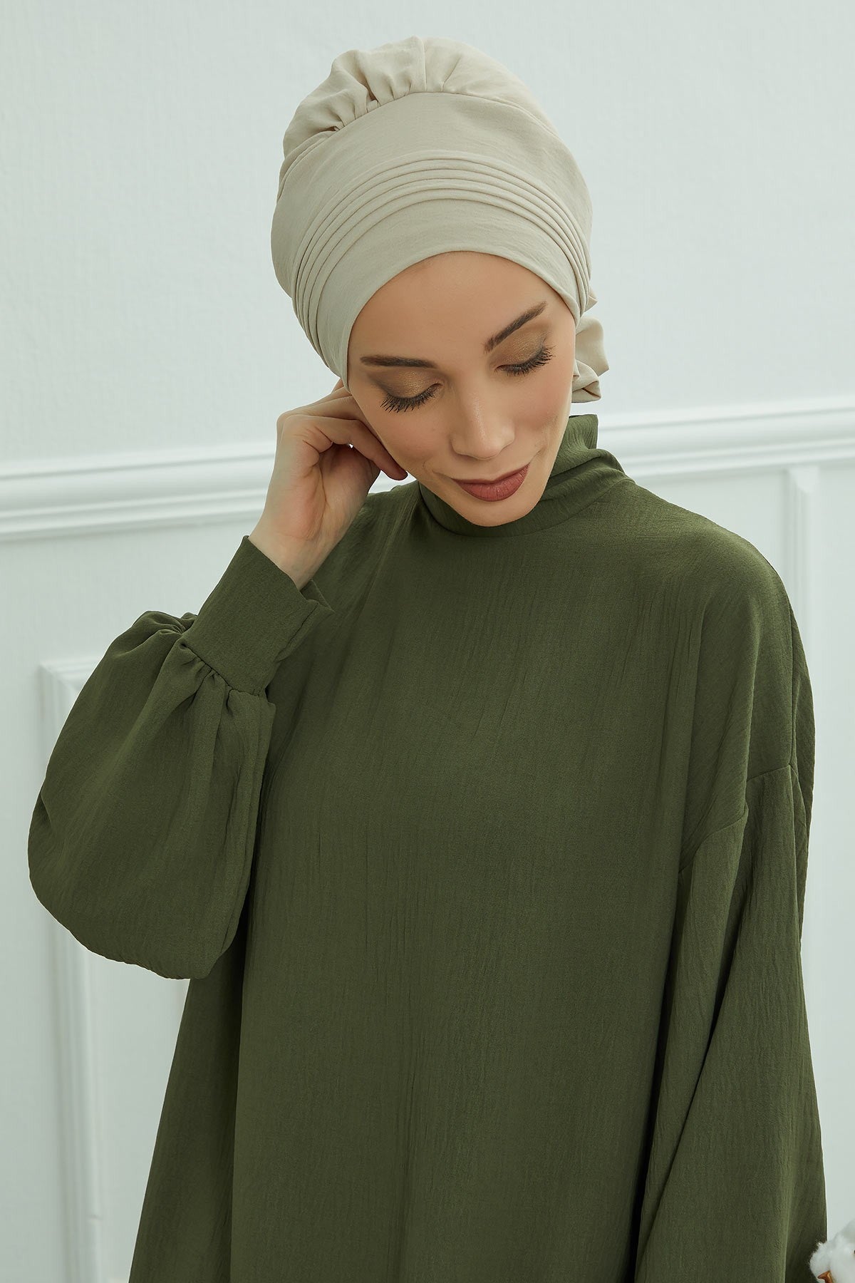 Chic Aerobin Instant Turban, Easy Wrap Breathable Head Scarf with Elegant Knot Detail, Lightweight Instant Turban For Women Headwear,HT-31A Beige