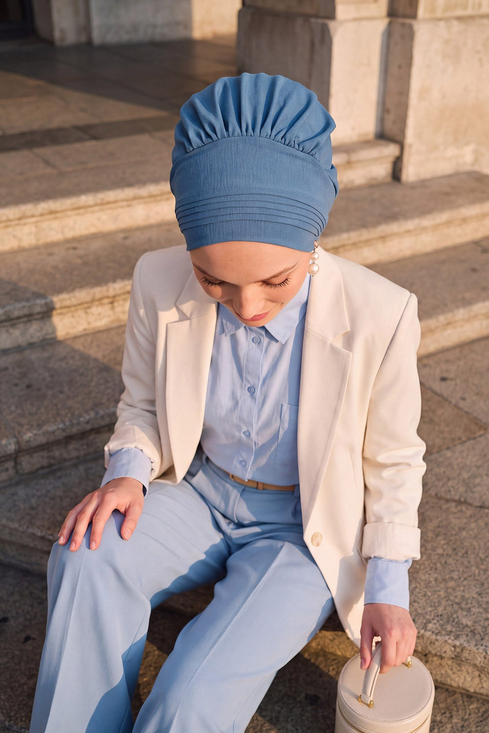 Chic Aerobin Instant Turban, Easy Wrap Breathable Head Scarf with Elegant Knot Detail, Lightweight Instant Turban For Women Headwear,HT-31A Blue