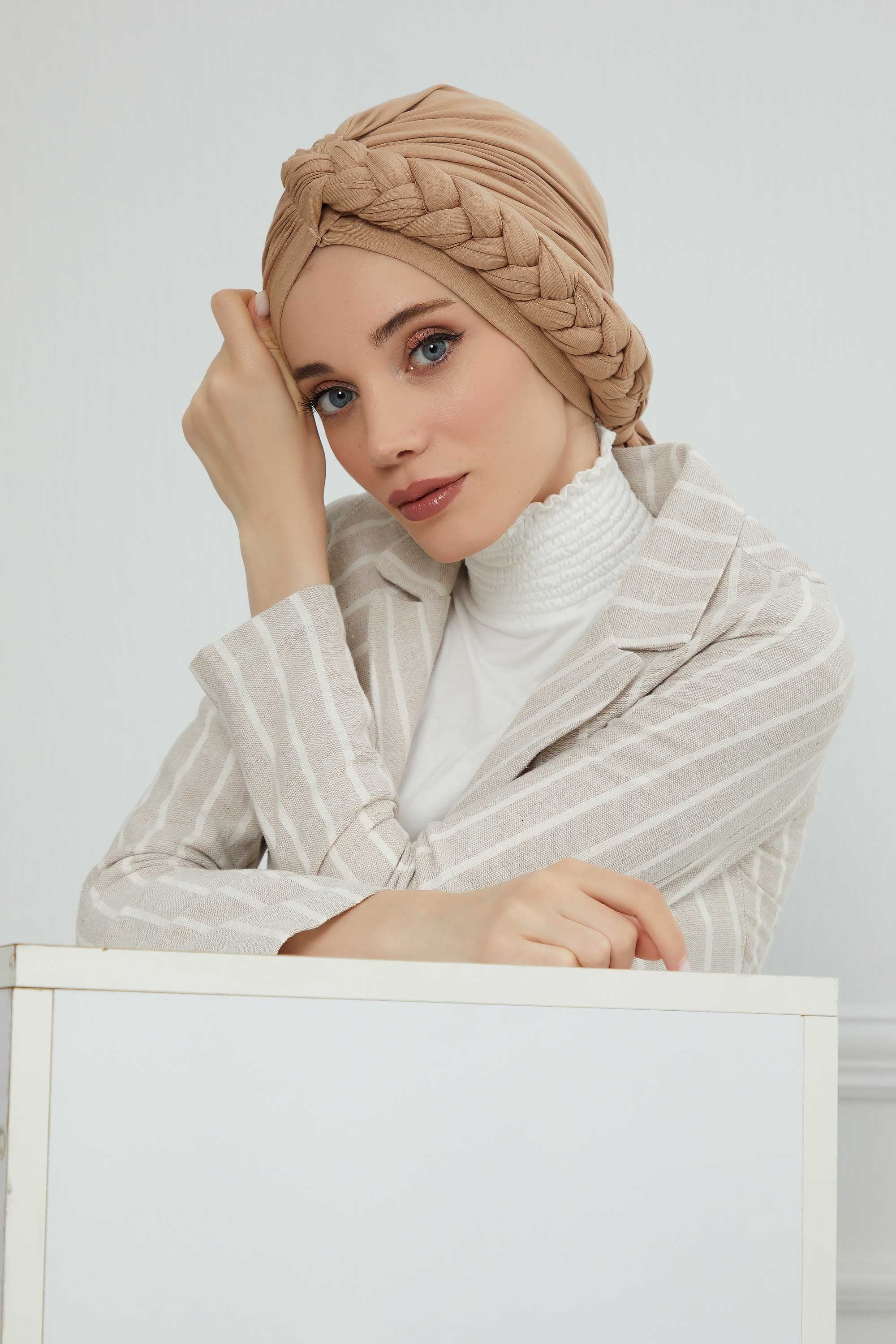 عمامة فورية بتصميم مضفر أنيق، وشاح رأس إسلامي عصري ومريح وخفيف الوزن، سهل الارتداء، حجاب جيرسي، غطاء رأس أنيق، B-3