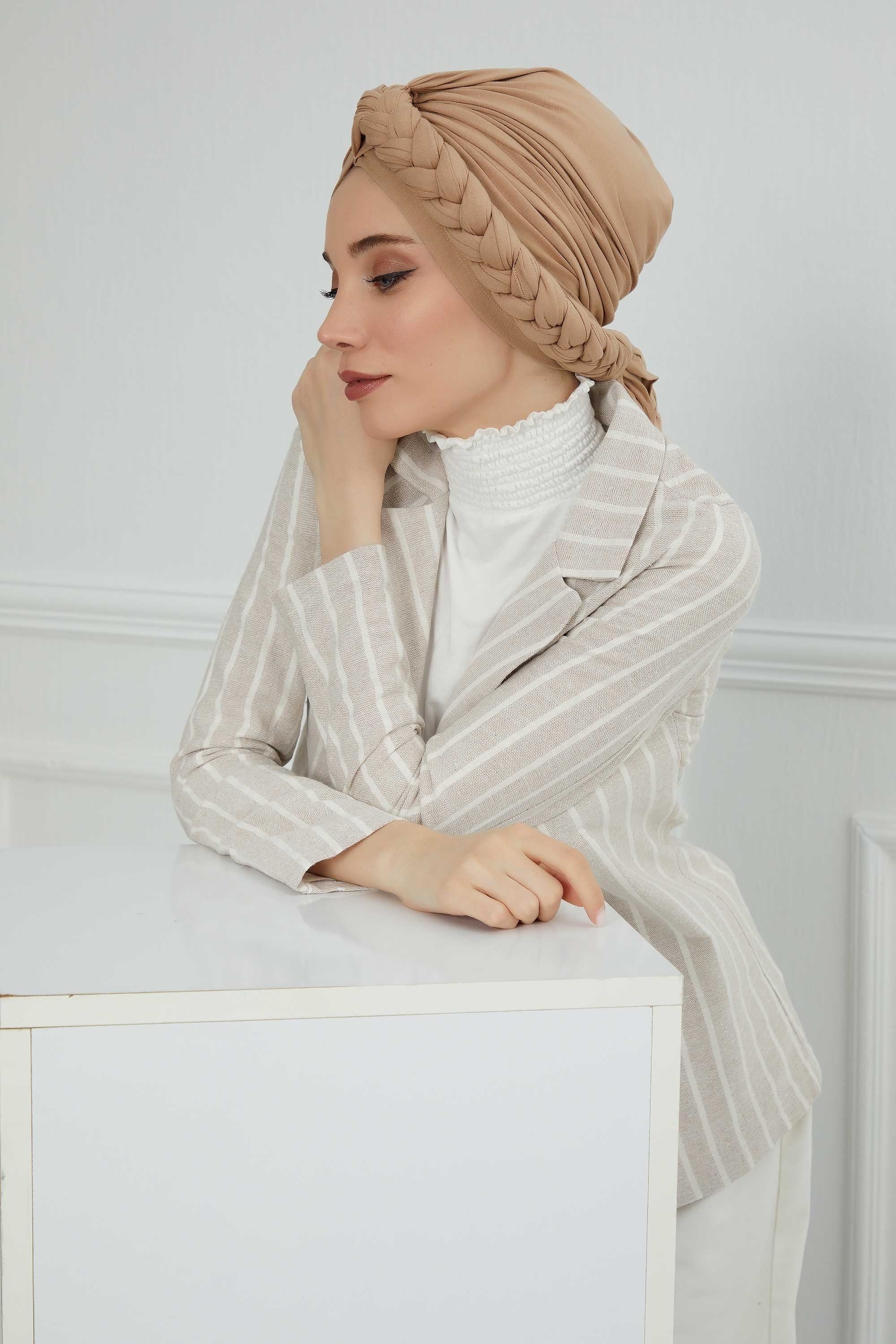 عمامة فورية بتصميم مضفر أنيق، وشاح رأس إسلامي عصري ومريح وخفيف الوزن، سهل الارتداء، حجاب جيرسي، غطاء رأس أنيق، B-3