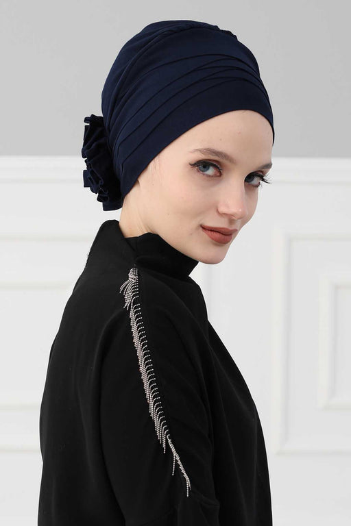 Chic Cross-Front Style Instant Turban Easy to Wear Cotton Stretch Headwrap, Elegant Modest Headwear, Versatile Pre-Tied Hijab for Women,B-14 Navy Blue