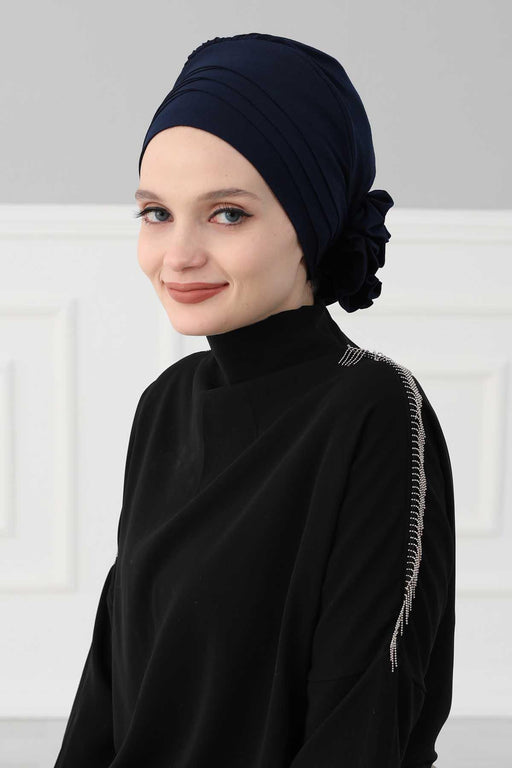 Chic Cross-Front Style Instant Turban Easy to Wear Cotton Stretch Headwrap, Elegant Modest Headwear, Versatile Pre-Tied Hijab for Women,B-14 Navy Blue