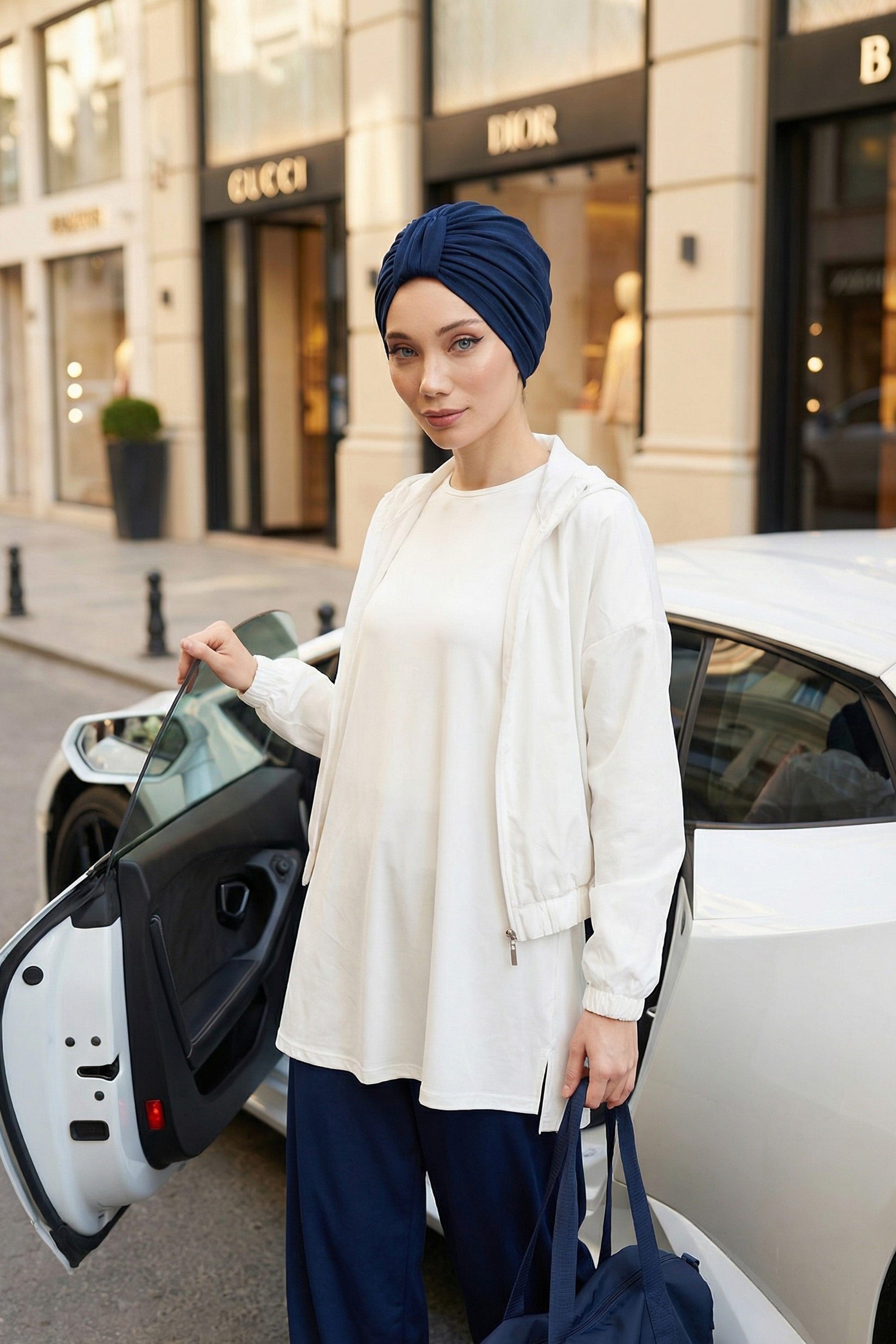 Chic Design Cotton Instant Turban Hijab for Women, Beautiful Pre-tied Turban Bonnet for Women, Trendy Fashionable Cancer Chemo Headwear,B-68 Navy Blue