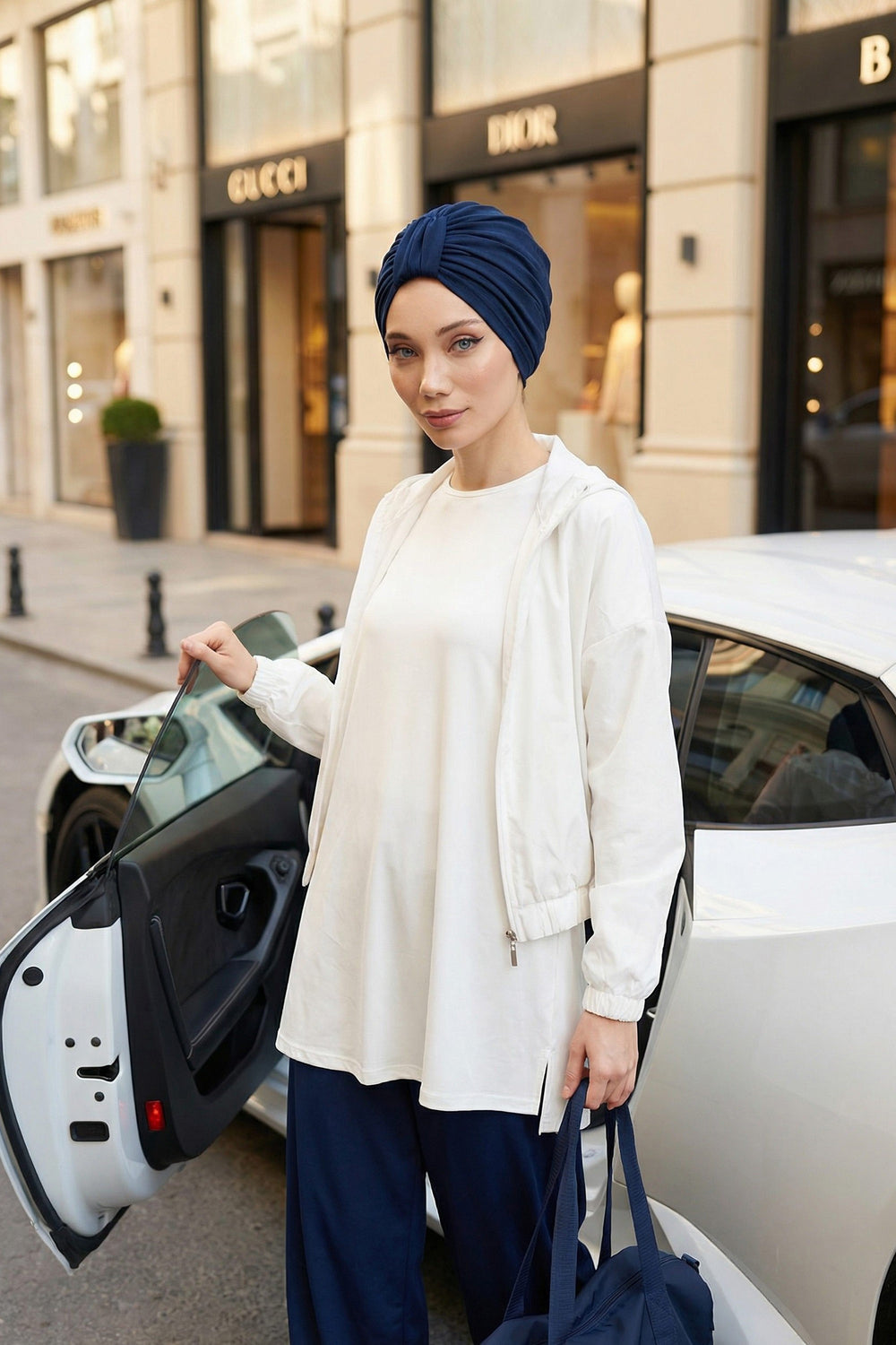 Chic Design Cotton Instant Turban Hijab for Women, Beautiful Pre-tied Turban Bonnet for Women, Trendy Fashionable Cancer Chemo Headwear,B-68 Navy Blue