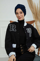 Chic Design Cotton Instant Turban Hijab for Women, Beautiful Pre-tied Turban Bonnet for Women, Trendy Fashionable Cancer Chemo Headwear,B-68 Navy Blue