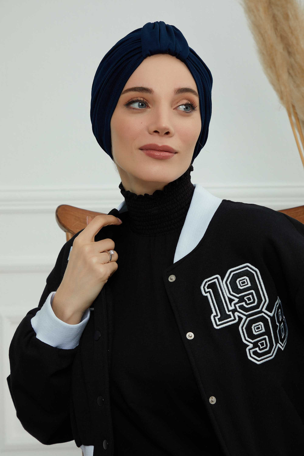 Chic Design Cotton Instant Turban Hijab for Women, Beautiful Pre-tied Turban Bonnet for Women, Trendy Fashionable Cancer Chemo Headwear,B-68 Navy Blue