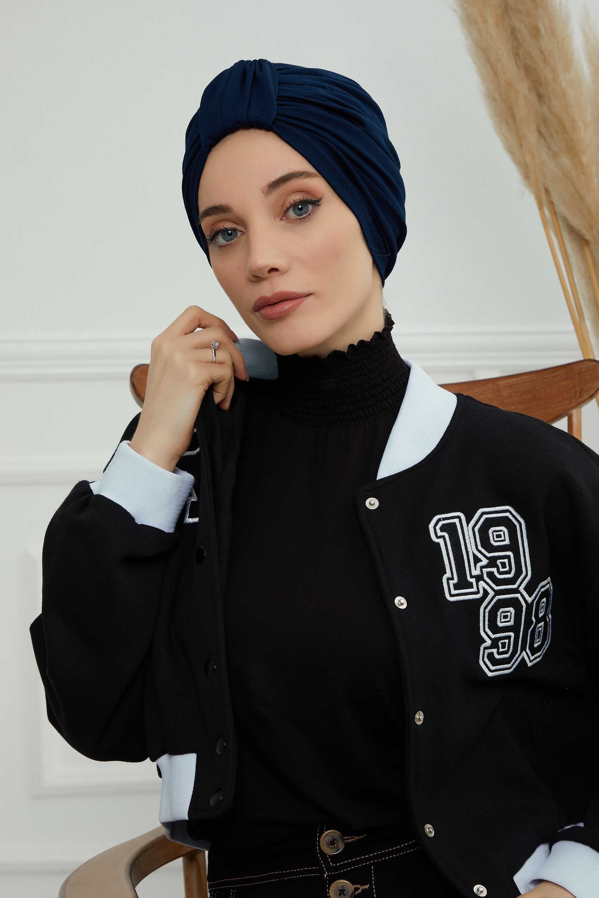 Chic Design Cotton Instant Turban Hijab for Women, Beautiful Pre-tied Turban Bonnet for Women, Trendy Fashionable Cancer Chemo Headwear,B-68 Navy Blue