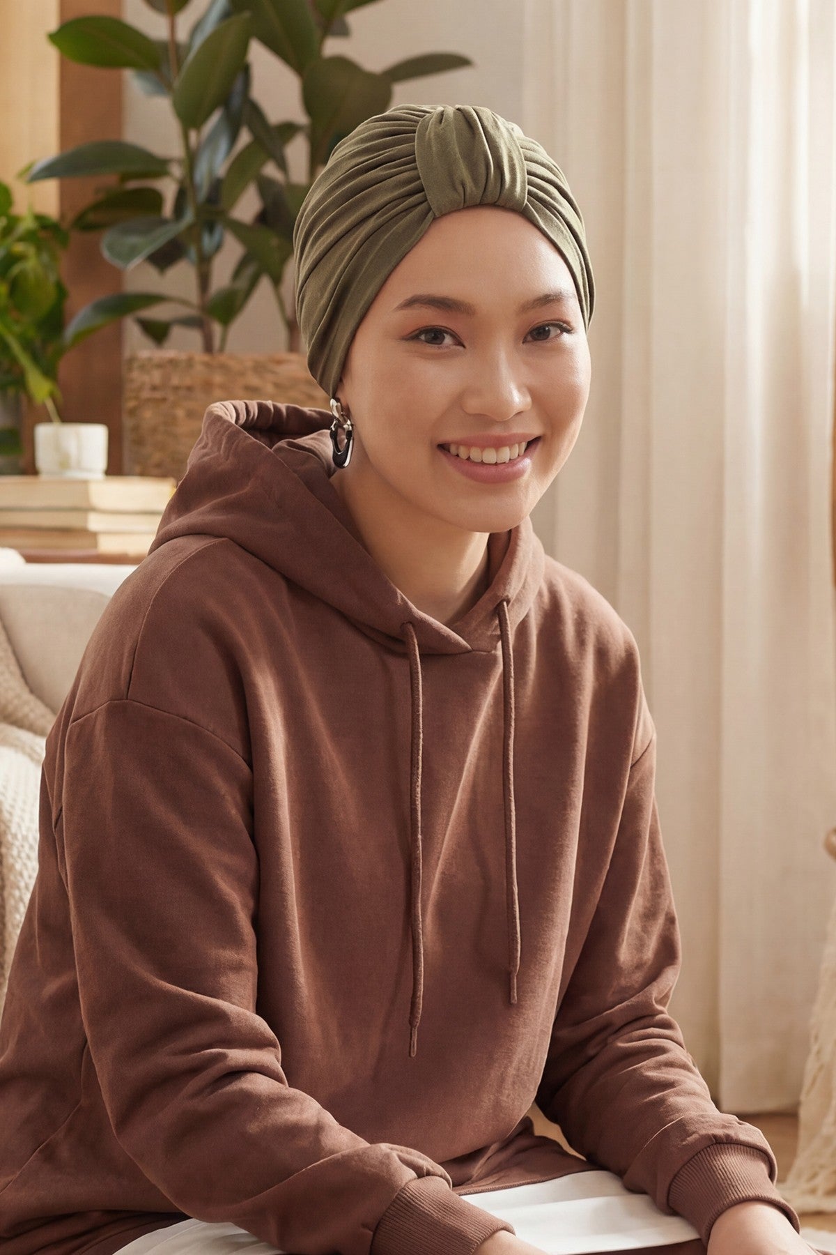 Chic Design Cotton Instant Turban Hijab for Women, Beautiful Pre-tied Turban Bonnet for Women, Trendy Fashionable Cancer Chemo Headwear,B-68 Army Green