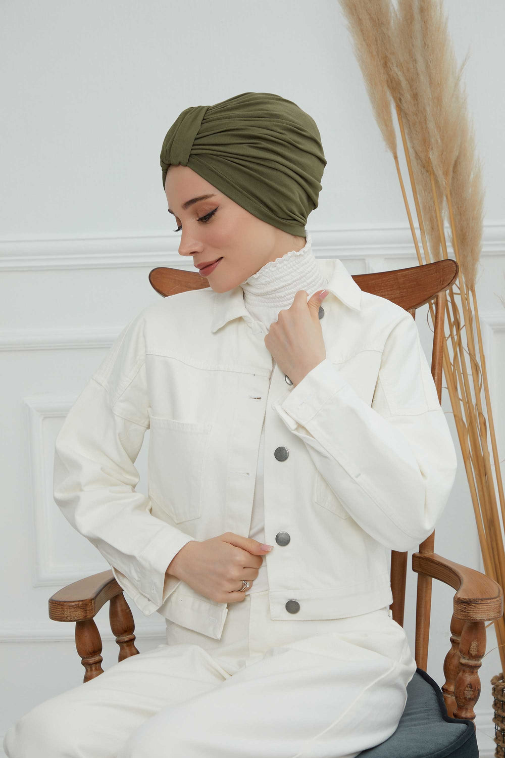 Chic Design Cotton Instant Turban Hijab for Women, Beautiful Pre-tied Turban Bonnet for Women, Trendy Fashionable Cancer Chemo Headwear,B-68 Army Green