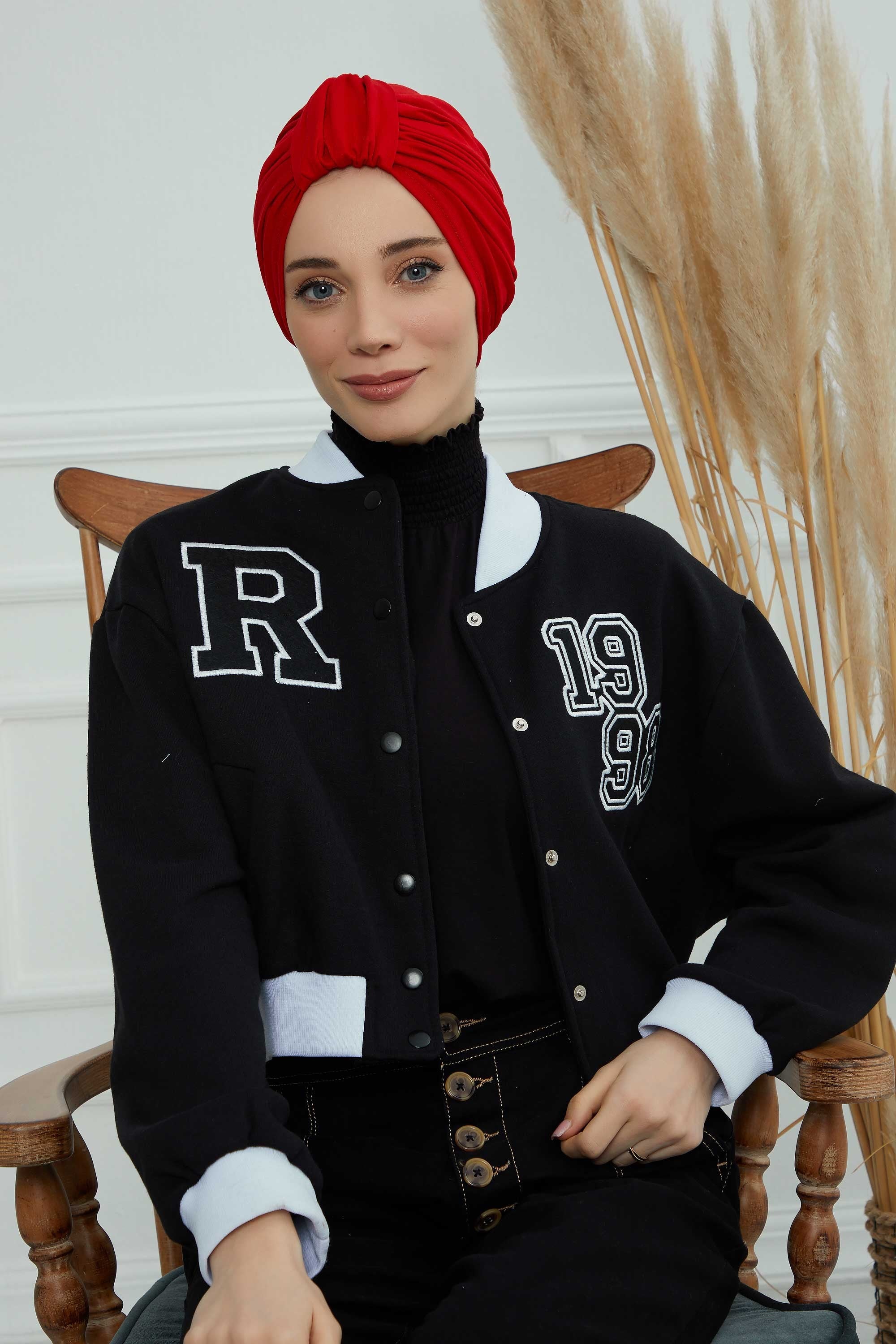 Chic Design Cotton Instant Turban Hijab for Women, Beautiful Pre-tied Turban Bonnet for Women, Trendy Fashionable Cancer Chemo Headwear,B-68 Red