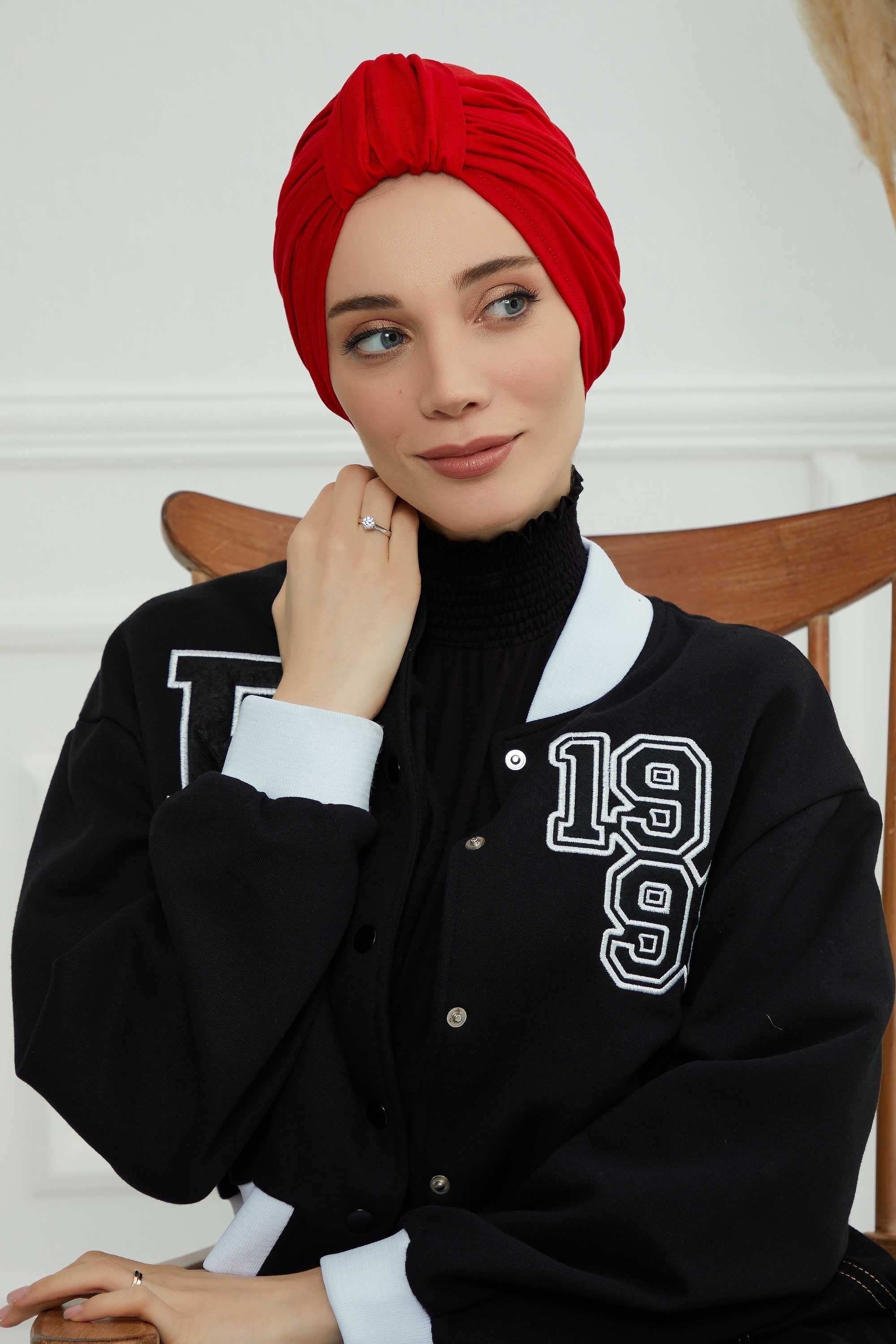 Chic Design Cotton Instant Turban Hijab for Women, Beautiful Pre-tied Turban Bonnet for Women, Trendy Fashionable Cancer Chemo Headwear,B-68 Red