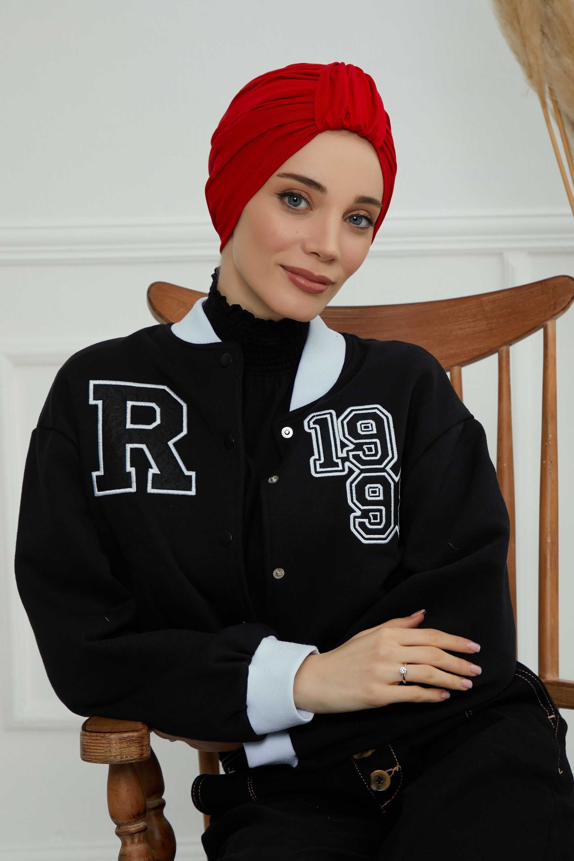 Chic Design Cotton Instant Turban Hijab for Women, Beautiful Pre-tied Turban Bonnet for Women, Trendy Fashionable Cancer Chemo Headwear,B-68 Red