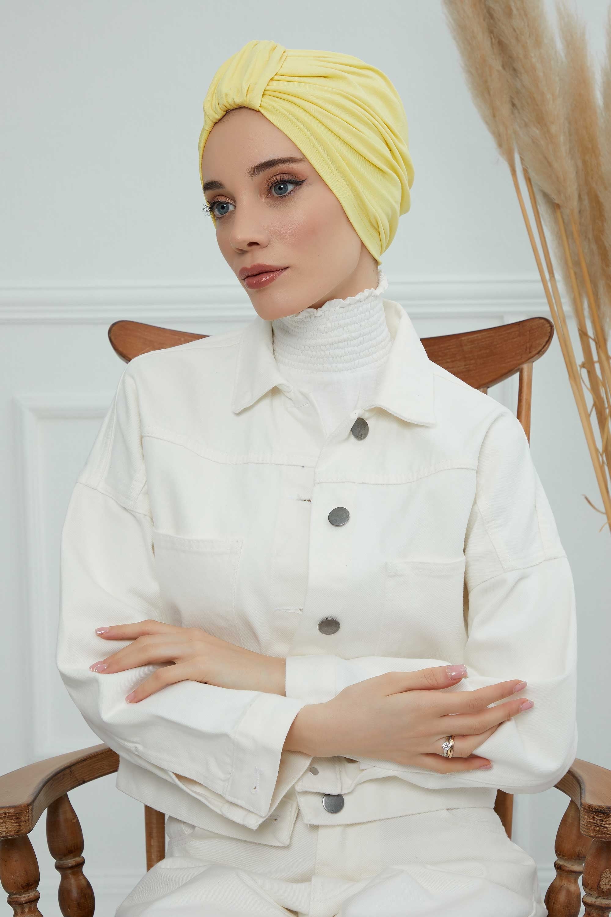 Chic Design Cotton Instant Turban Hijab for Women, Beautiful Pre-tied Turban Bonnet for Women, Trendy Fashionable Cancer Chemo Headwear,B-68 Yellow