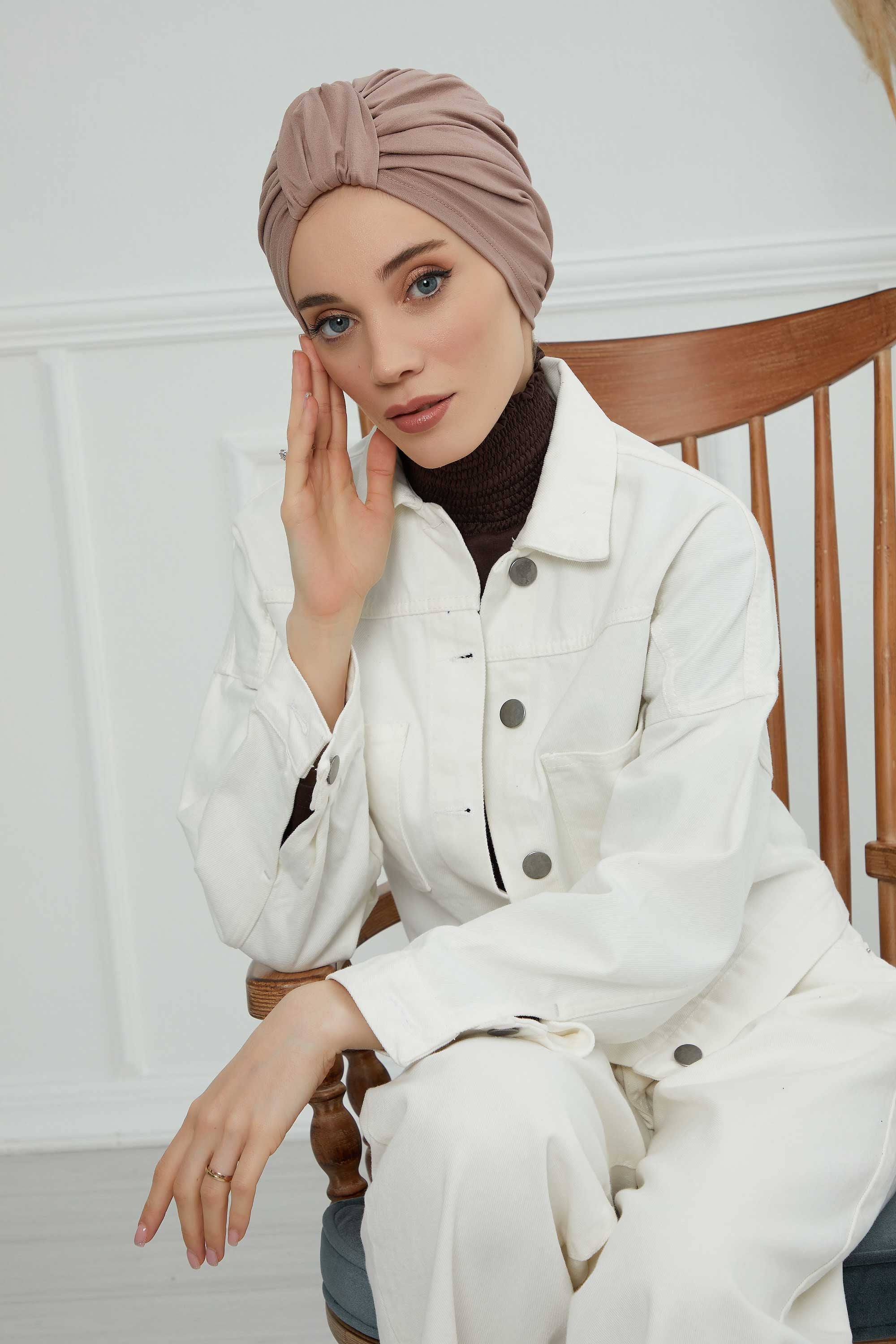 Chic Design Cotton Instant Turban Hijab for Women, Beautiful Pre-tied Turban Bonnet for Women, Trendy Fashionable Cancer Chemo Headwear,B-68 Mink